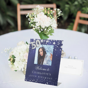 Signe De Table 50e anniversaire bleu argent étoiles photo bienven