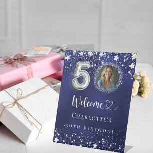 Signe De Table 50e anniversaire bleu argent étoiles photo bienven