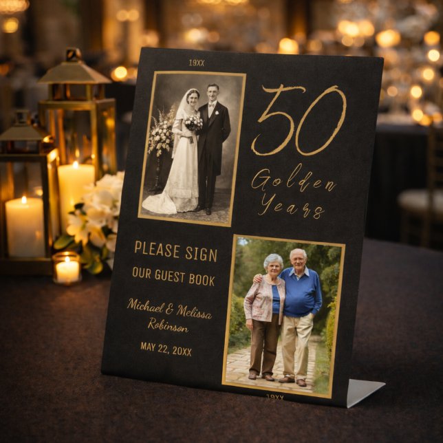 Signe De Table 50th Anniversary Guest Book Table Display Sign (Luxury black and gold anniversary guest book sign with candlelit reception styling.)