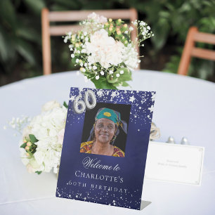 Signe De Table 60e anniversaire bleu argent étoiles photo bienven