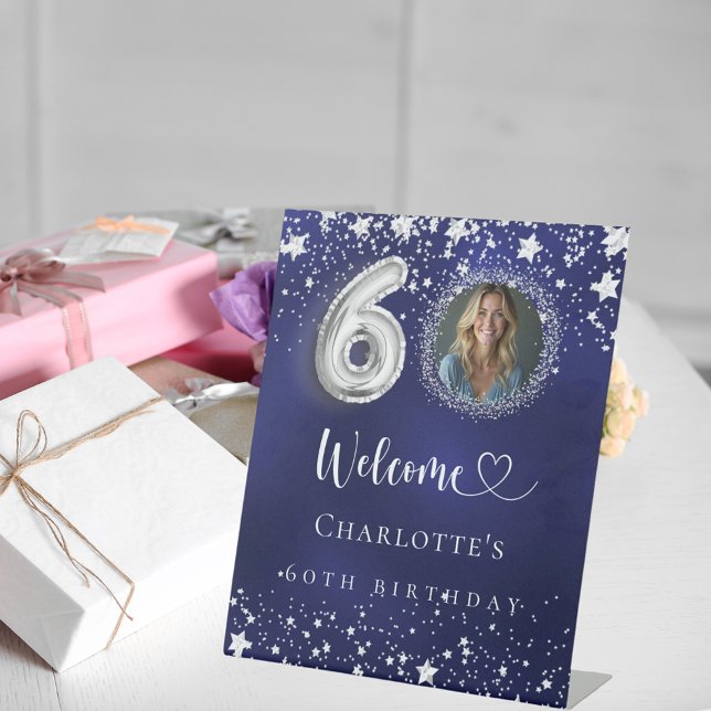 Signe De Table 60e anniversaire bleu argent étoiles photo bienven (Créateur téléchargé)