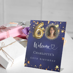 Signe De Table 60e anniversaire bleu or étoiles photo bienvenue