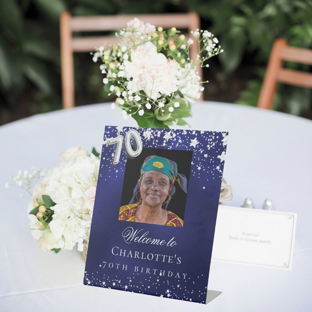 Signe De Table 70e anniversaire bleu argent étoiles photo bienven (Créateur téléchargé)