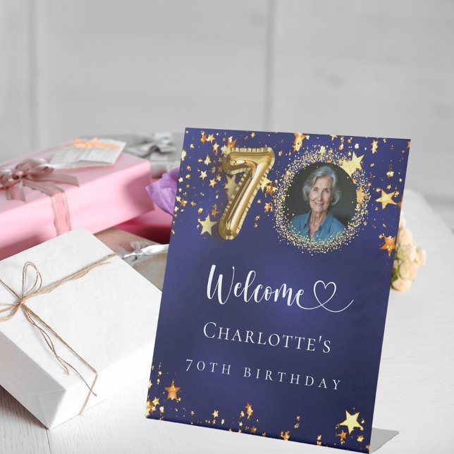 Signe De Table 70e anniversaire d'or bleu étoiles photo bienvenue (Créateur téléchargé)