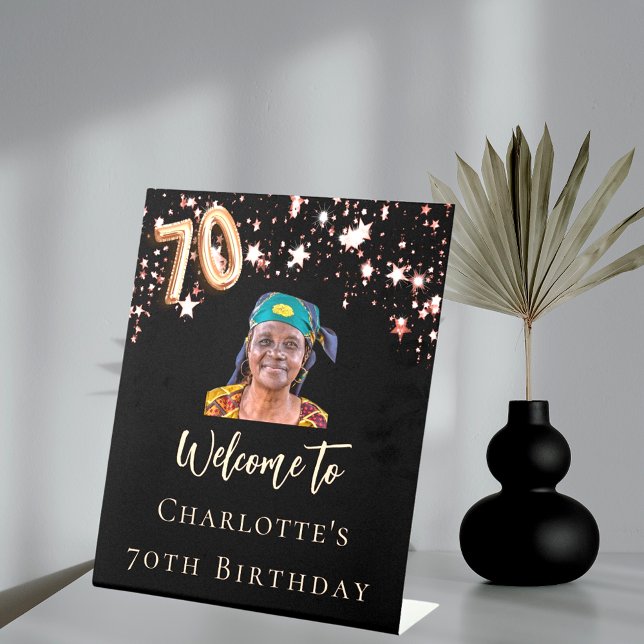 Signe De Table 70e anniversaire noir rose or photo star bienvenue (Créateur téléchargé)