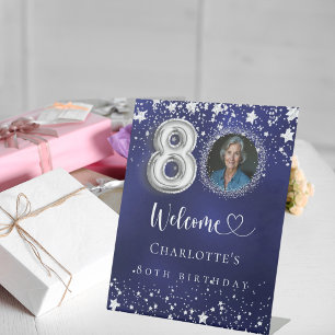 Signe De Table 80e anniversaire bleu argent étoiles photo bienven
