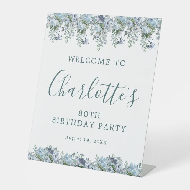 Signe De Table 80e anniversaire Dusty Blue Floral Bienvenue (Recto)