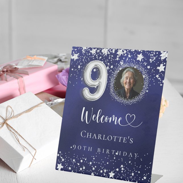 Signe De Table 90e anniversaire bleu argent étoiles photo bienven (Créateur téléchargé)