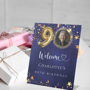 Signe De Table 90e anniversaire bleu or étoiles photo bienvenue