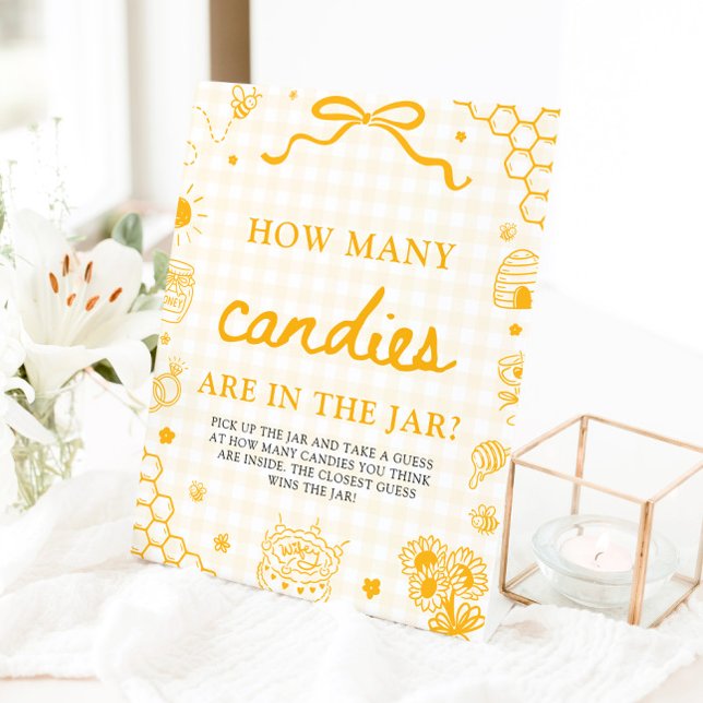 Signe De Table Abeille en Vichy Jaune Devinez Combien de Bonbons (Yellow Gingham Honey Bee Guess How Many Candies Game Sign)