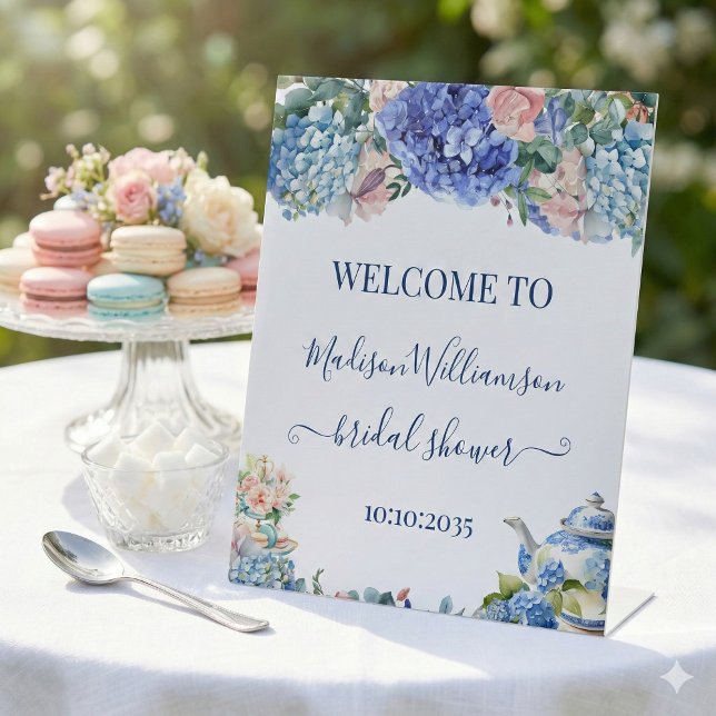 Signe De Table Accueil du thé de douche de mariage Hydrangea Bleu (Créateur téléchargé)