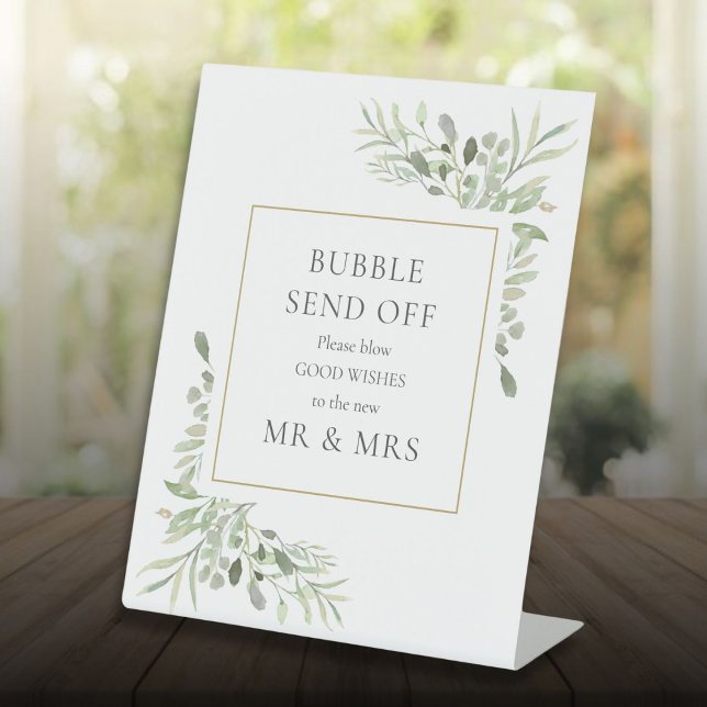 Signe De Table Adieu de bulle de verdure à l'aquarelle (Watercolor Greenery Bubble Send Off Pedestal Sign)