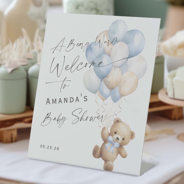 Signe De Table Affiche de bienvenue d'attente rapide pour garçon  (Blue Baby Boy Shower, We Can Bearly Wait Themed Pedestal Welcome Sign.)