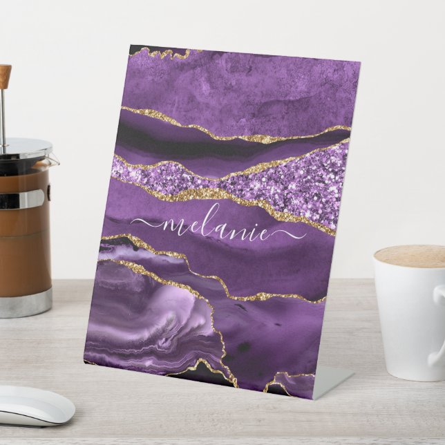 Signe De Table Agate Violet violet or Parties scintillant Géode N (In SItu)