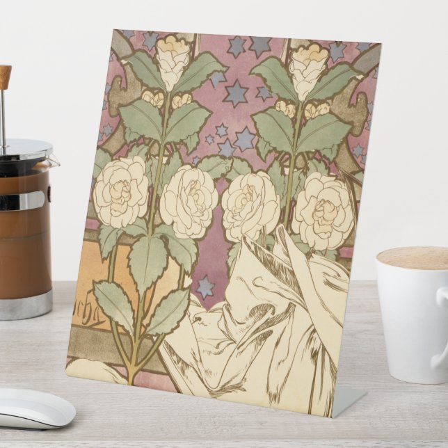 Signe De Table Alphonse Mucha Elégante Art Nouveau Stars Camellia (In SItu)