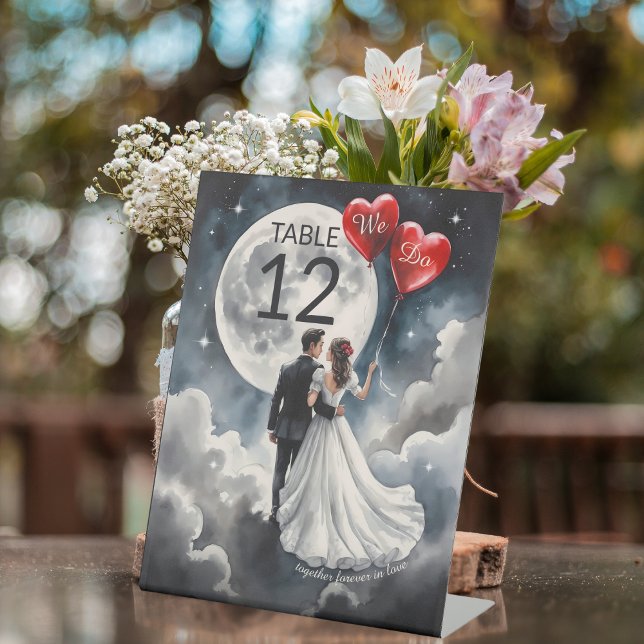 Signe De Table Amour romantique sur Cloud Neuf Mariage Fairytale (Angled view bride groom sweethearts watercolor starry night sky On Cloud Nine Wedding Table number)