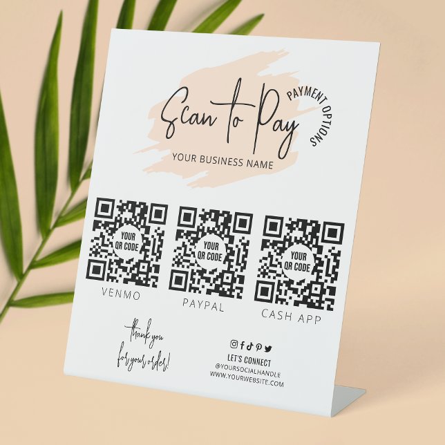 Signe De Table Analyse d'entreprise pour payer 3 codes QR Aquarel (Light beige watercolor contactless payment sign design with space for 3 QR codes)