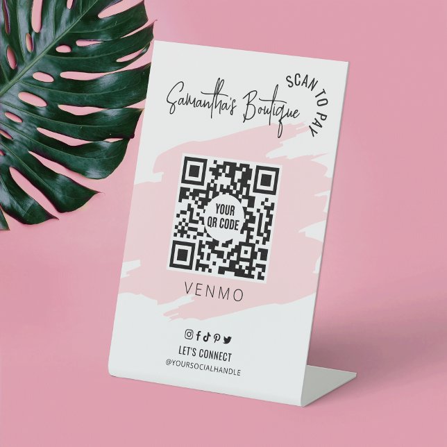 Signe De Table Analyse d'entreprise pour payer QR Code Feminine R (Make trendy phone payment signs for your business with this pink watercolor QR code sign design)