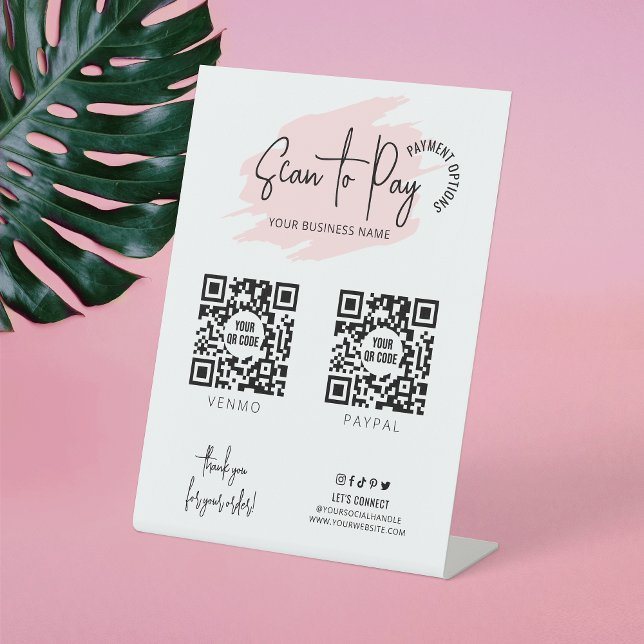 Signe De Table Analyser le logo de l'entreprise pour payer 2 code (Make modern payment signs for your business with this blush pink watercolor pedestal sign design)