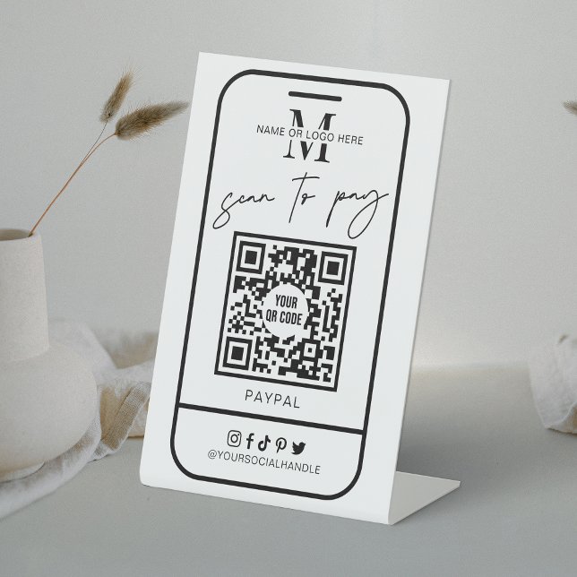 Signe De Table Analyser les règlements pour payer le code QR Logo (Modern scan to pay QR code sign in trendy black and white design, perfect to place at your till)