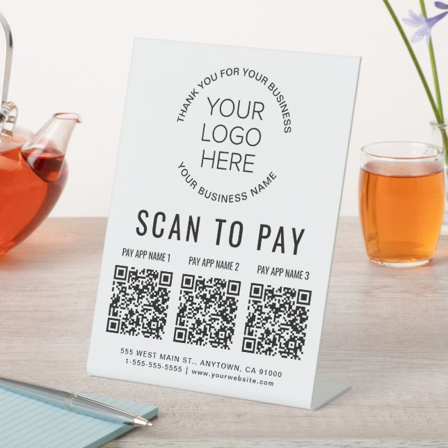 Signe De Table Analyser pour payer 3 codes QR Logo d'entreprise (In SItu)