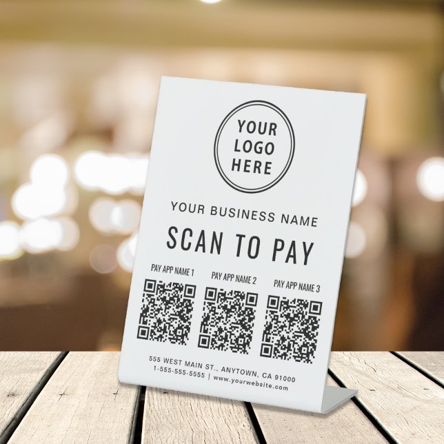 Signe De Table Analyser pour payer 3 codes QR Logo d'entreprise (A QR code sign to effortlessly connect your customers to your payment platforms)