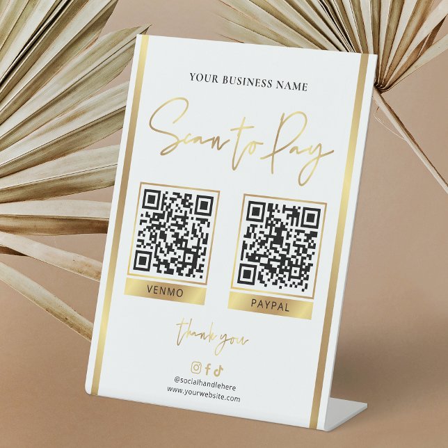 Signe De Table Analyser pour payer Gold Logo Paiement d'entrepris (White and gold business electronic payment sign with space for 2 payment QR codes)