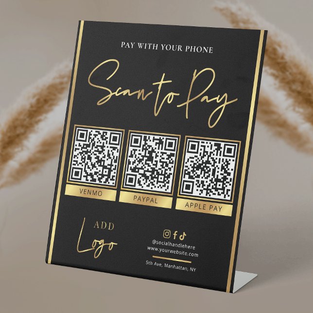Signe De Table Analyser pour payer Logo Black & Gold Paiement 3 c (Black and gold pay with phone sign with space for 3 QR codes and your logo)