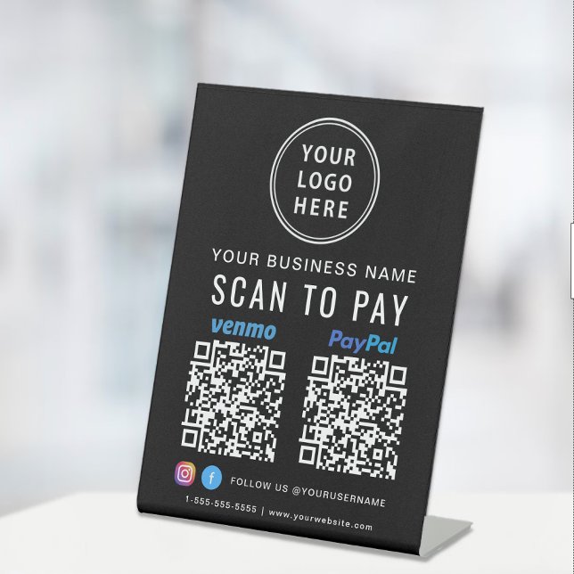 Signe De Table Analyser pour payer Logo Paypal Venmo QR Codes noi (A QR code sign to effortlessly connect your customers to your payment platforms)