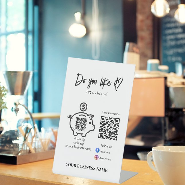 Signe De Table Analyser pour payer Qr Code Suivez-nous Modern Bla (Scan To Pay Qr Code Follow us Modern Black & White Pedestal Sign)