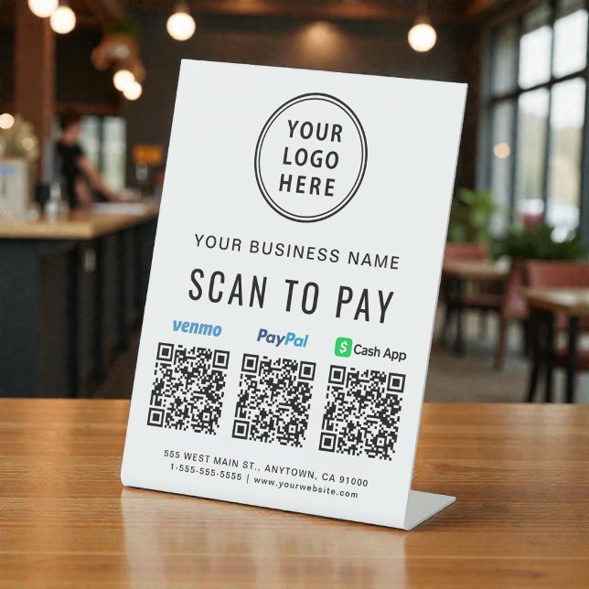 Signe De Table Analyser pour Paypal Venmo CashApp Code QR Logo (Scan to Pay Paypal Venmo CashApp QR Codes Logo Pedestal Sign)