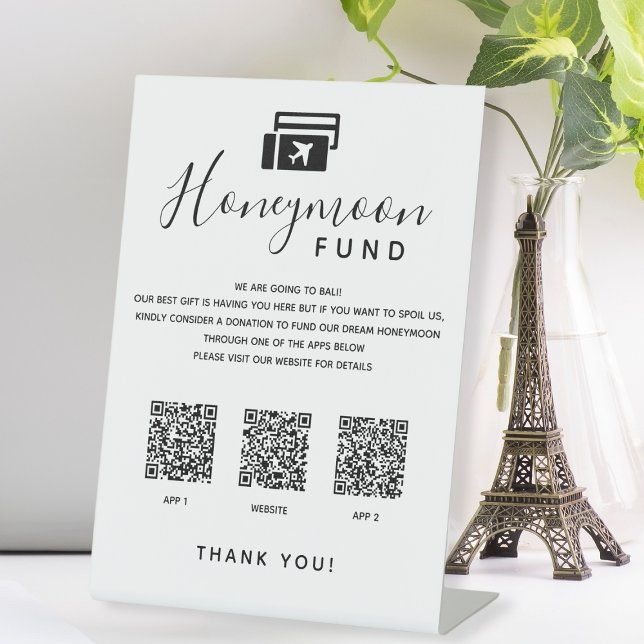 Signe De Table Analyser QR Code App Mariage du fonds de lune de m (Scan QR Code App Digital Honeymoon Fund Wedding Pedestal Sign
)