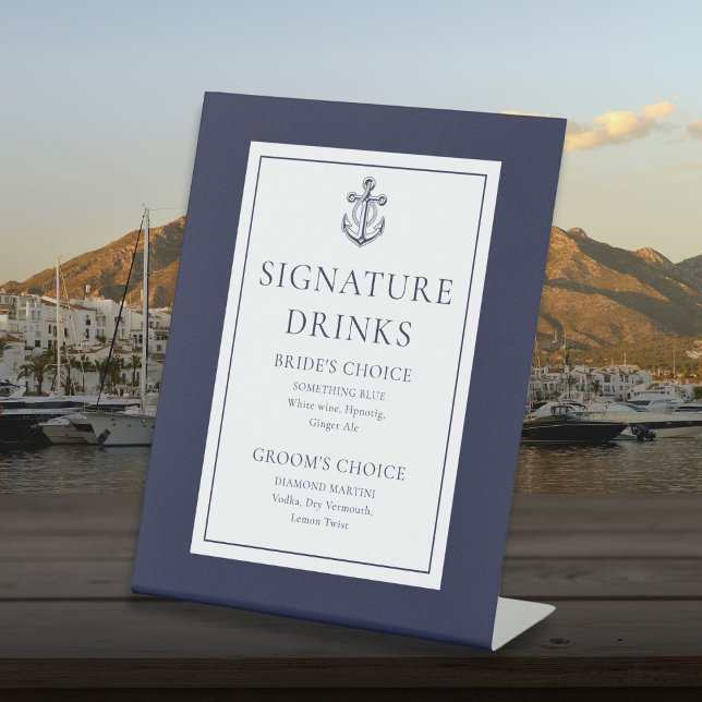 Signe De Table Ancre marine Bleu Nautique Signature Boissons (Navy Blue Nautical Anchor Signature Drinks Pedestal Sign)