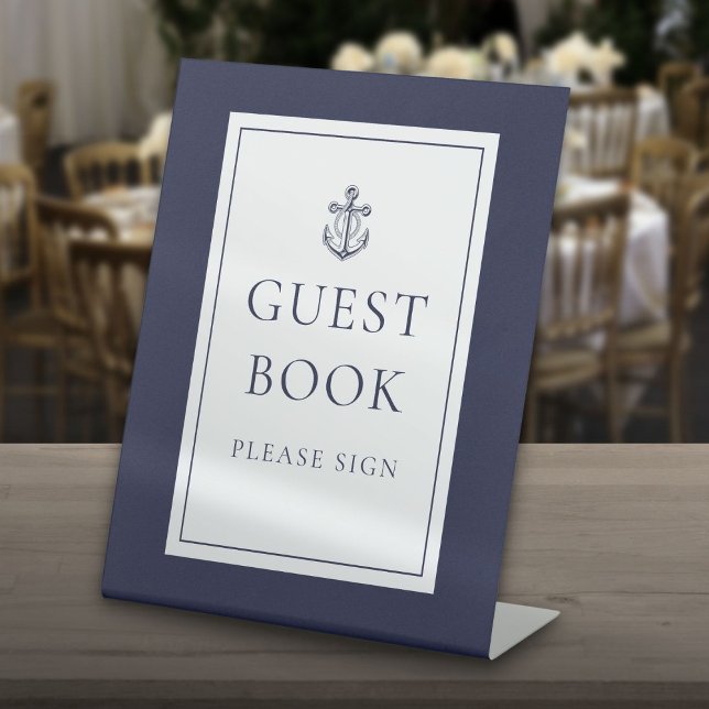 Signe De Table Ancre nautique Livre d'or bleu marine (Nautical Anchor Navy Blue Guest Book Pedestal Sign)