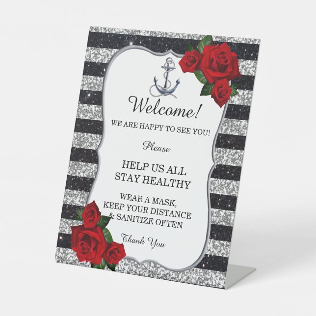 Signe De Table Ancre nautique Silver Black Stripe Mariage sécurit (Recto)