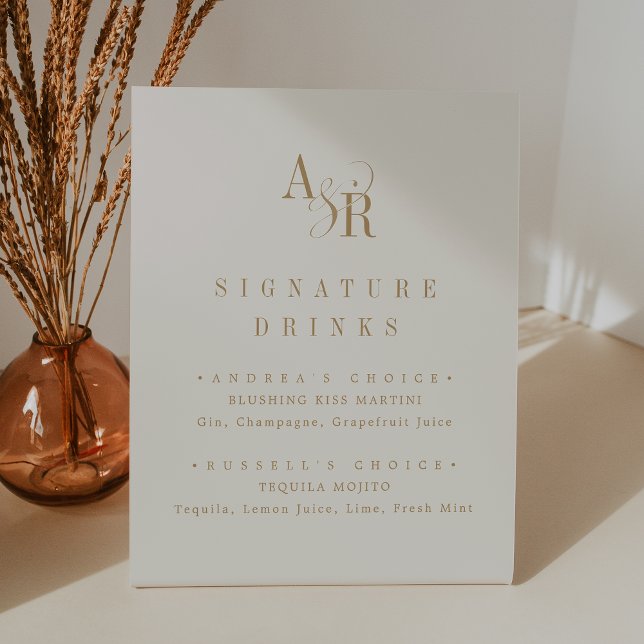 Signe De Table ANDREA Gold Cream Modern Mariage Signature Boire (ANDREA Gold Cream Modern Wedding Signature Drink Pedestal Sign)