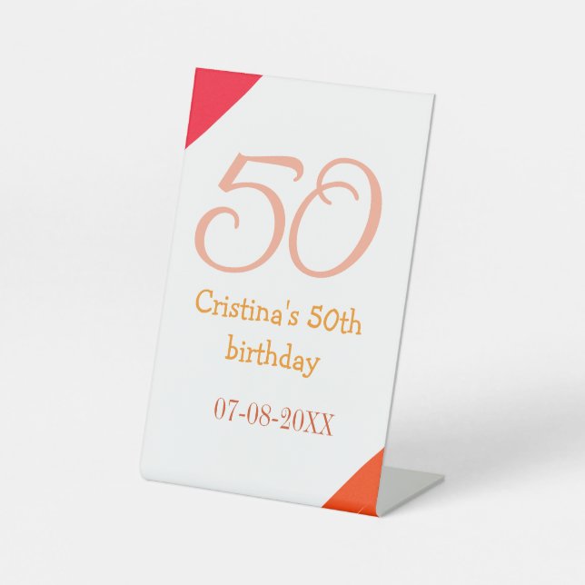 Signe De Table anniversaire 50 ans orange rouge ajouter nom date  (Recto)