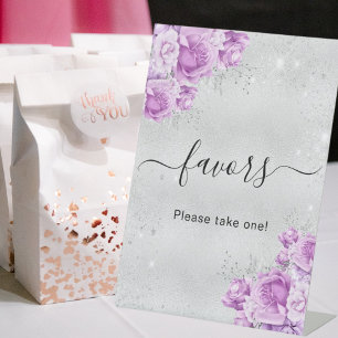 Signe De Table Anniversaire argent rose violet fleurs faveurs