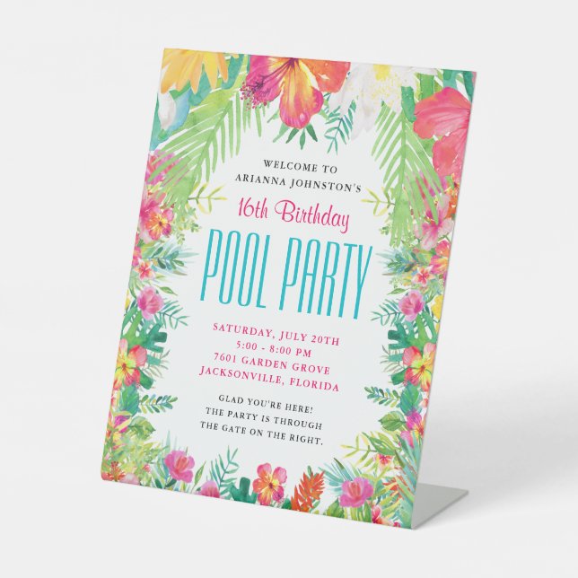 Signe De Table Anniversaire tropical Luau Pool Party Bienvenue (Recto)
