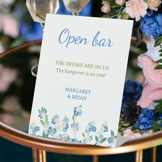Signe De Table Aquarelle bleu & blanc Floral Open Bar Mariage (Watercolor Blue & White Floral Open Bar Wedding Pedestal Sign)