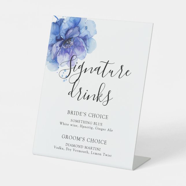 Signe De Table Aquarelle Bleu Dusty Floral Signature Boissons (Recto)