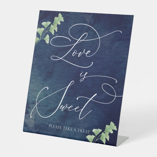 Signe De Table Aquarelle Bleu foncé Vert Mariage Dessert Bar (Recto)