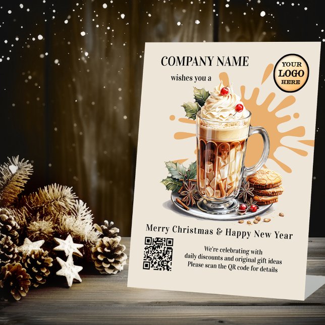 Signe De Table Aquarelle Café Latte Christmas Holidays Logo (Christmas business tabletop sign template featuring a festive watercolor painting of a coffee)