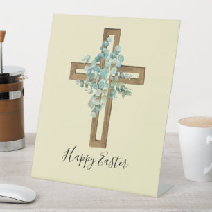 Signe De Table Aquarelle Croix de Pâques et Eucalyptus