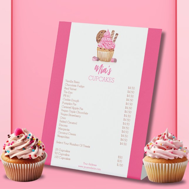 Signe De Table Aquarelle Cupcake Rose Avec Prix Boulangerie Cooki (Créateur téléchargé)
