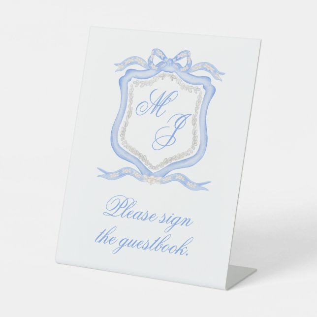 Signe De Table Aquarelle Designer Blue Monogram Crest Mariage (Recto)