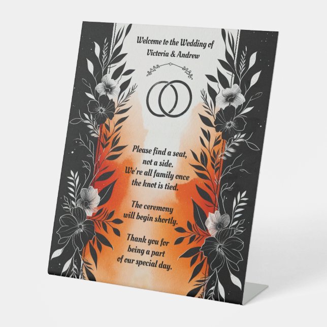 Signe De Table Aquarelle dramatique Mariage Floral Orange Noir (Recto)