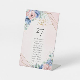 Signe De Table Aquarelle Dusty bleu rose fleurs cadre or
