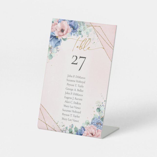 Signe De Table Aquarelle Dusty bleu rose fleurs cadre or (Recto)