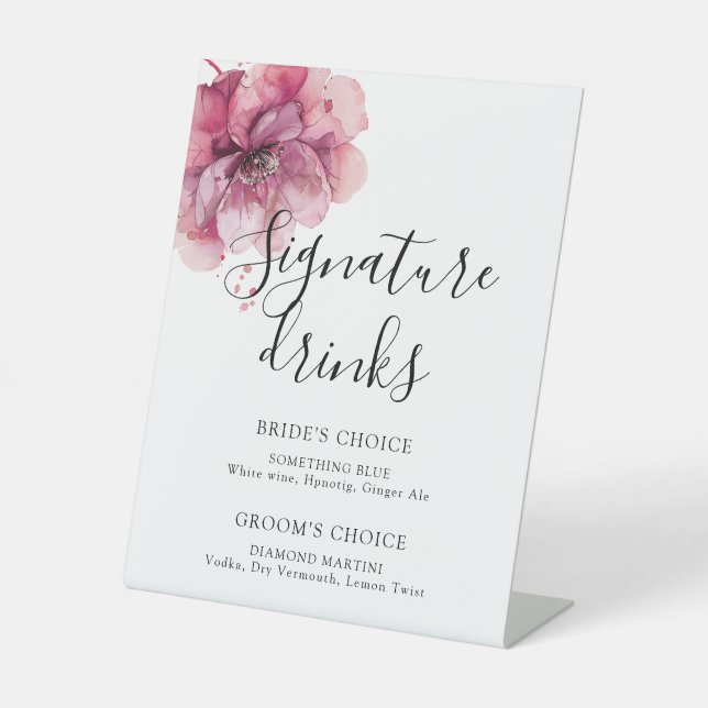 Signe De Table Aquarelle Dusty Rose Floral Signature Boissons (Recto)